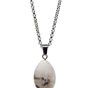 Handmade Agate Quartz Teardrop Necklace Silver-Tone Rolo Chain Boho Gemstone Pen